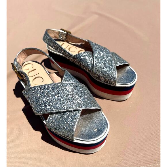 Auth Gucci Cross Sparkly Straps Red White Blue Platform Slingback Sandals Sz 4.5 - Picture 4 of 14